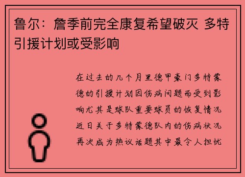 鲁尔：詹季前完全康复希望破灭 多特引援计划或受影响