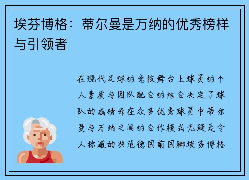 埃芬博格：蒂尔曼是万纳的优秀榜样与引领者