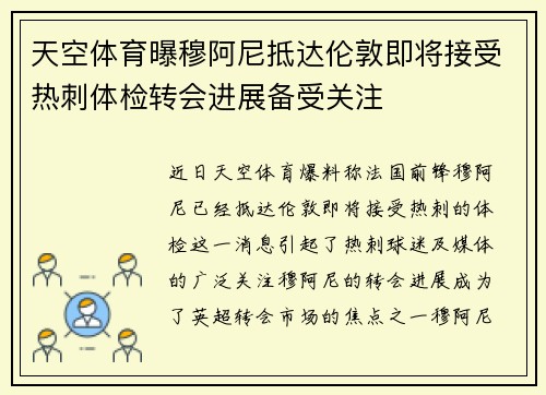 天空体育曝穆阿尼抵达伦敦即将接受热刺体检转会进展备受关注